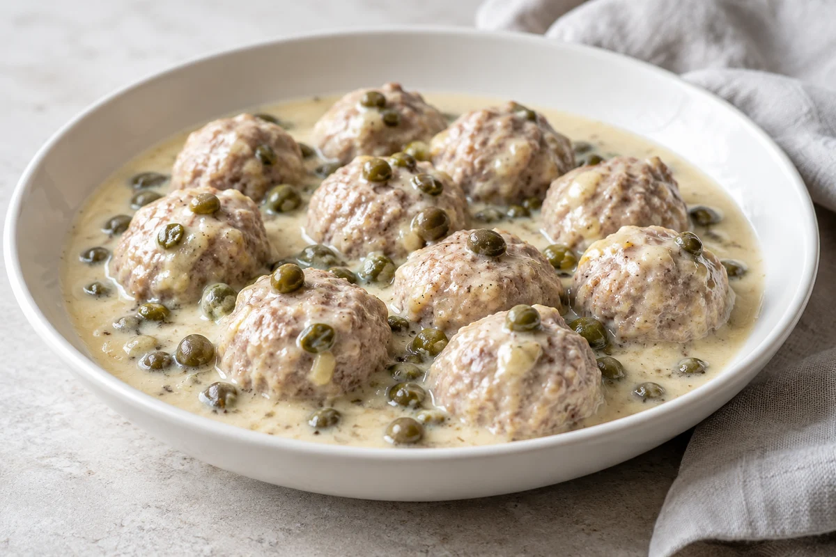 Königsberger Klopse in Kapernsauce · KI-Illustration
