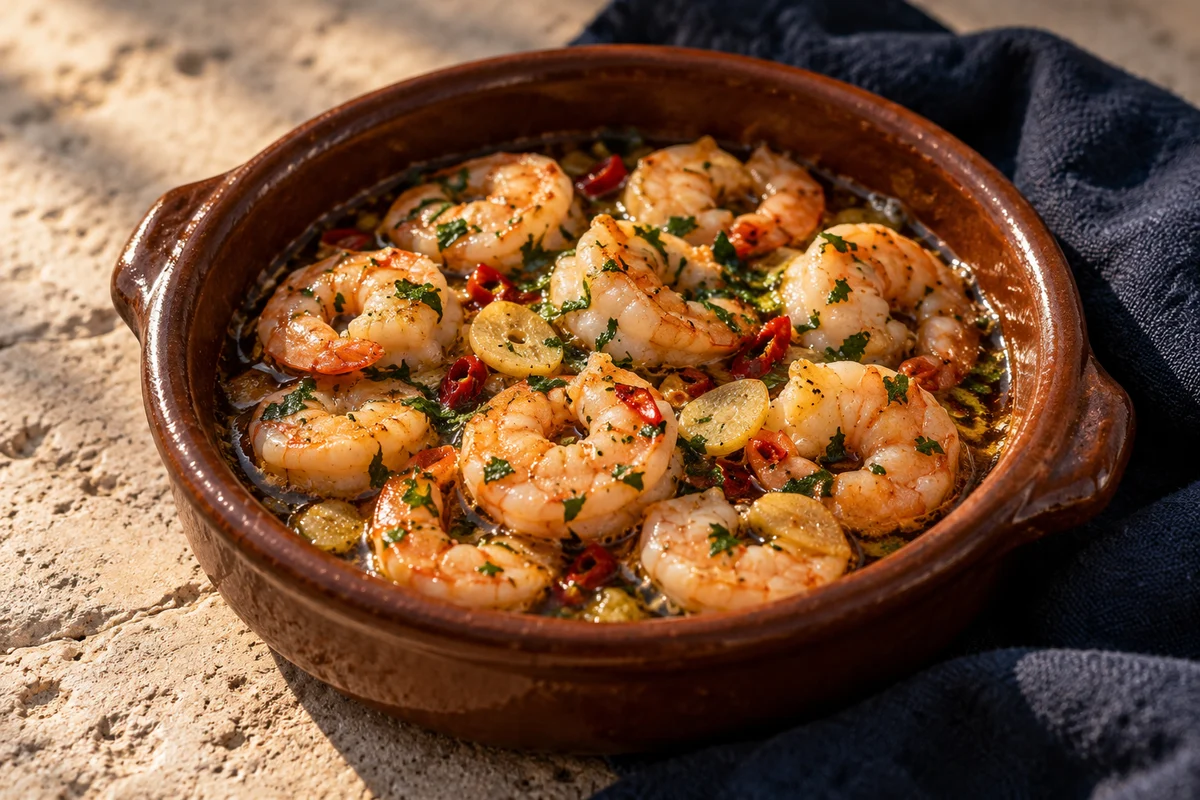 Gambas al ajillo aus der Pfanne · KI-Illustration