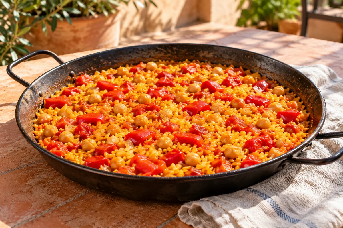 Spanischer Ofenreis mit Kichererbsen und Paprika · KI-Illustration