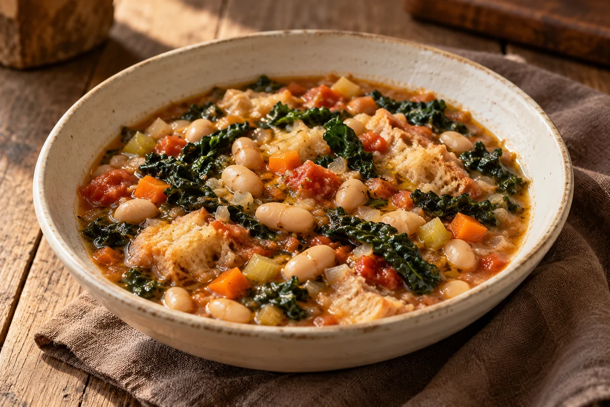 Ribollita mit weißen Bohnen und Schwarzkohl · KI-Illustration