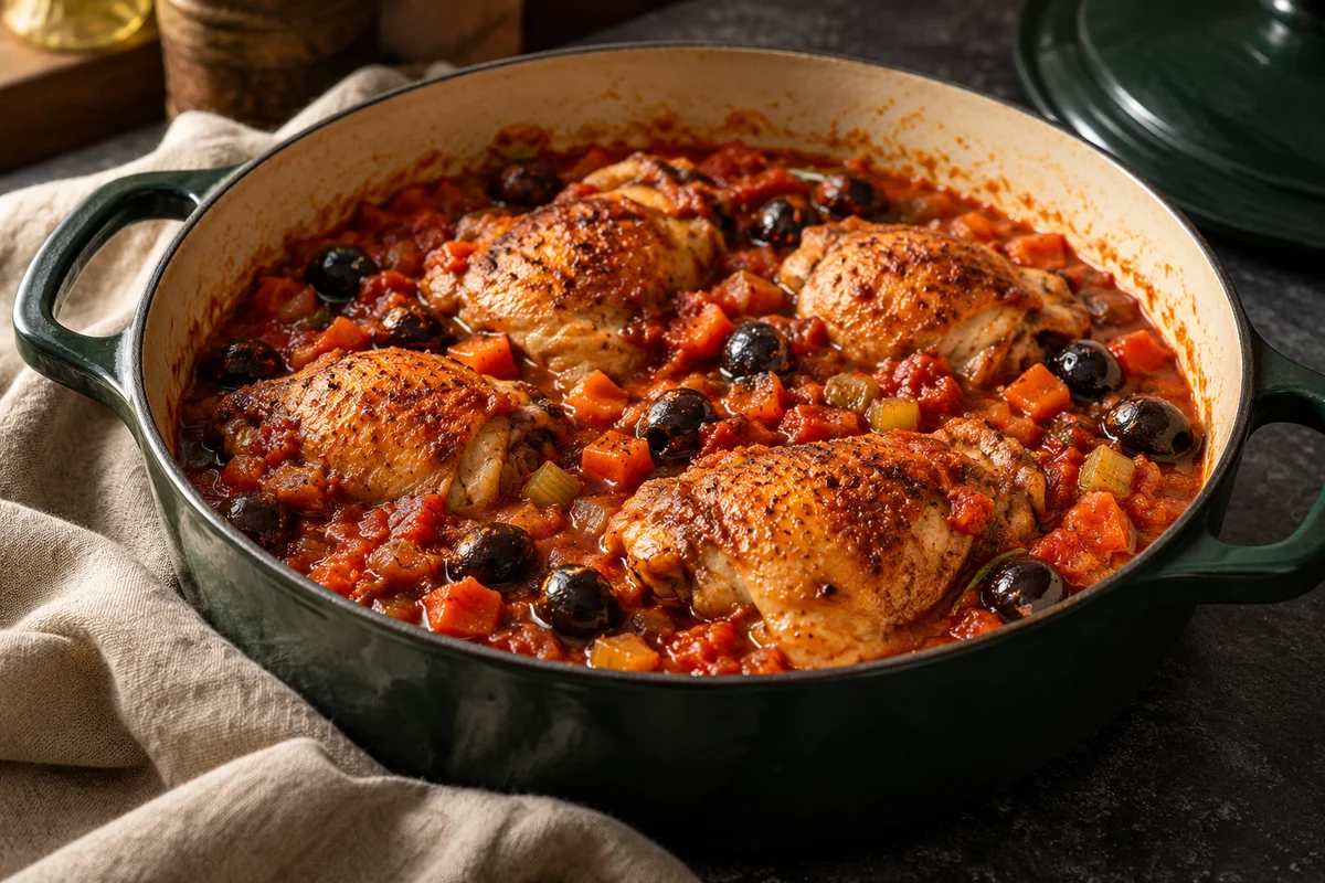 Pollo alla cacciatora mit Tomaten und Oliven · KI-Illustration