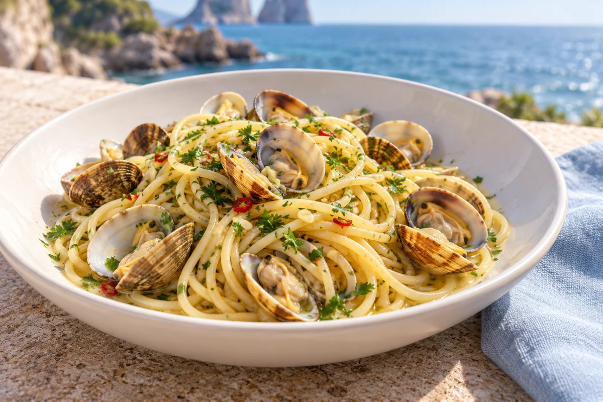 Spaghetti alle vongole mit Petersilie · KI-Illustration