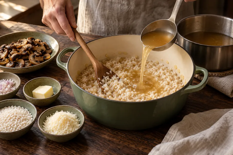 Pilzrisotto: Brühe portionsweise