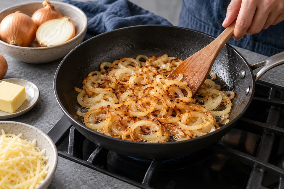 Käsespätzle mit Röstzwiebeln: Zwiebelringe bräunen
