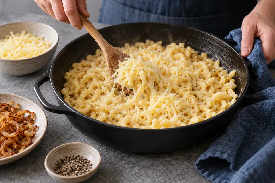Käsespätzle mit Röstzwiebeln: Käse schmelzen