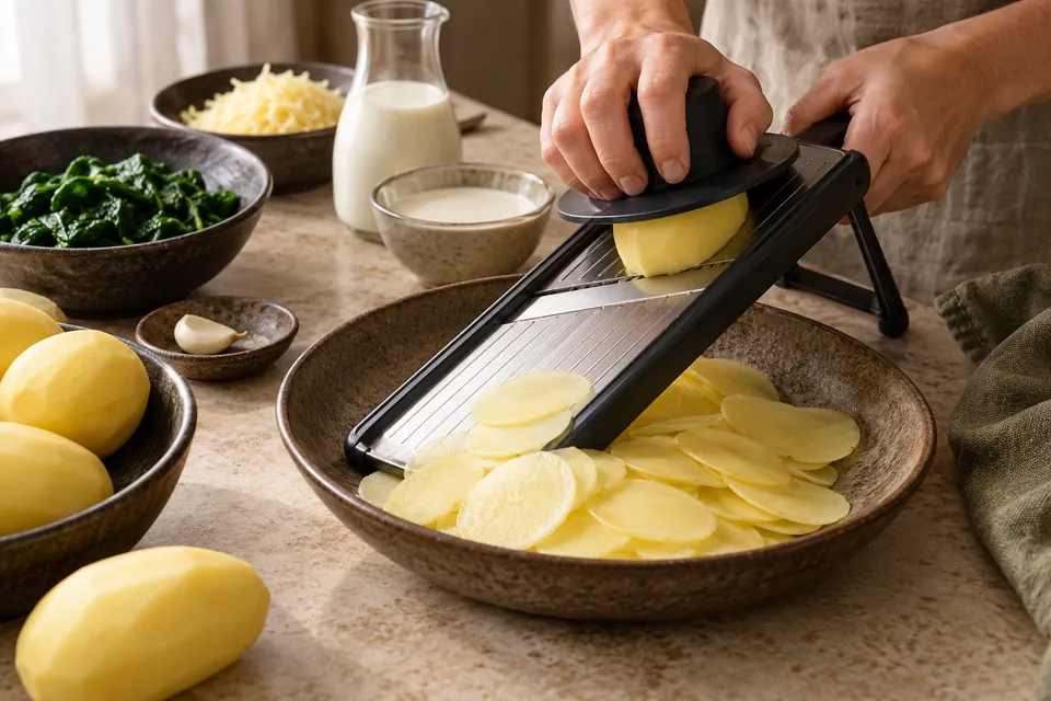 Kartoffel-Spinat-Gratin: dünne Scheiben