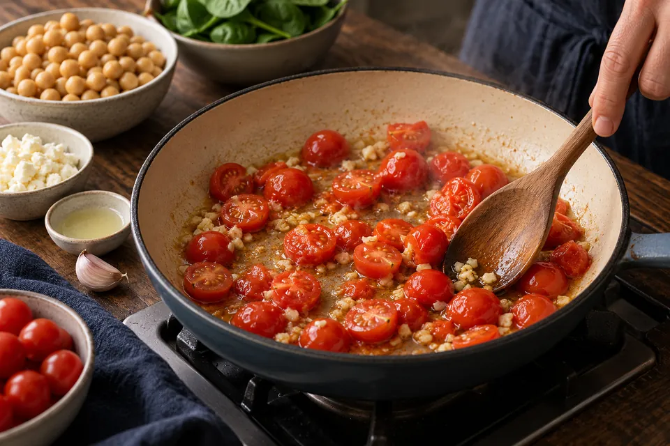 Kichererbsen-Spinat-Pfanne mit Feta: Tomaten anbraten