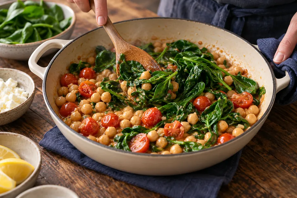 Kichererbsen-Spinat-Pfanne mit Feta: Spinat unterheben