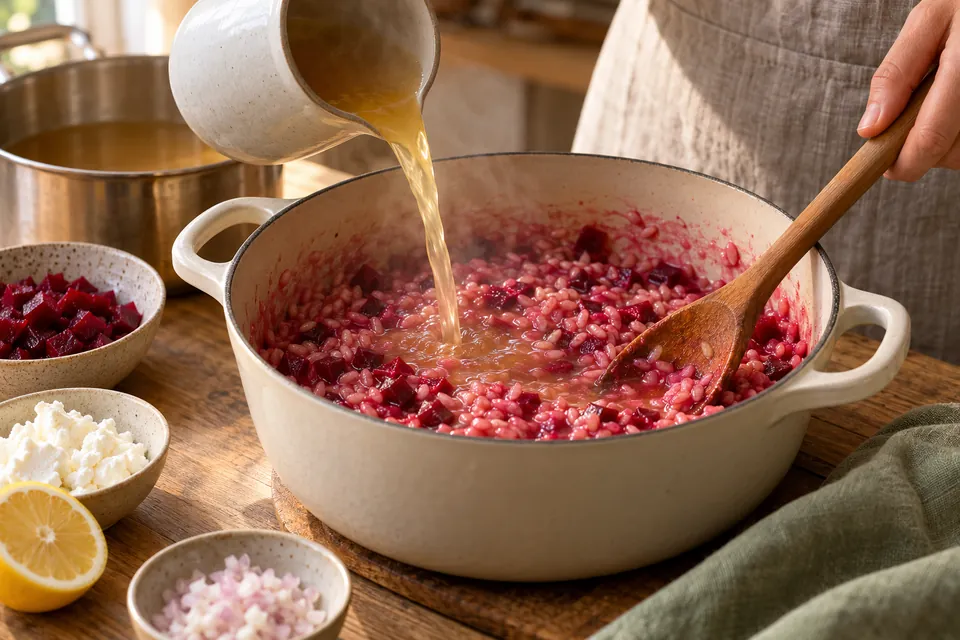 Rote-Bete-Risotto mit Ziegenkäse: Brühe nachgießen