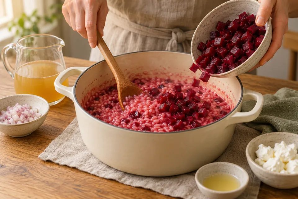 Rote-Bete-Risotto mit Ziegenkäse: Farbe einarbeiten