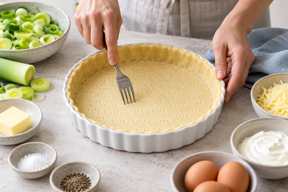 Lauch-Quiche ohne Speck: Boden einstechen