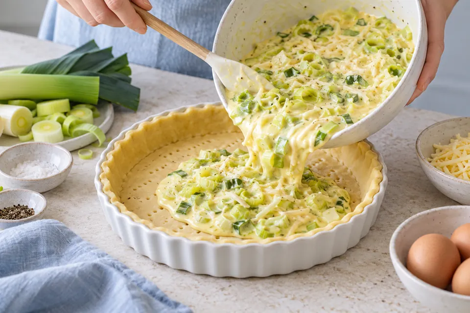 Lauch-Quiche ohne Speck: Guss einfüllen
