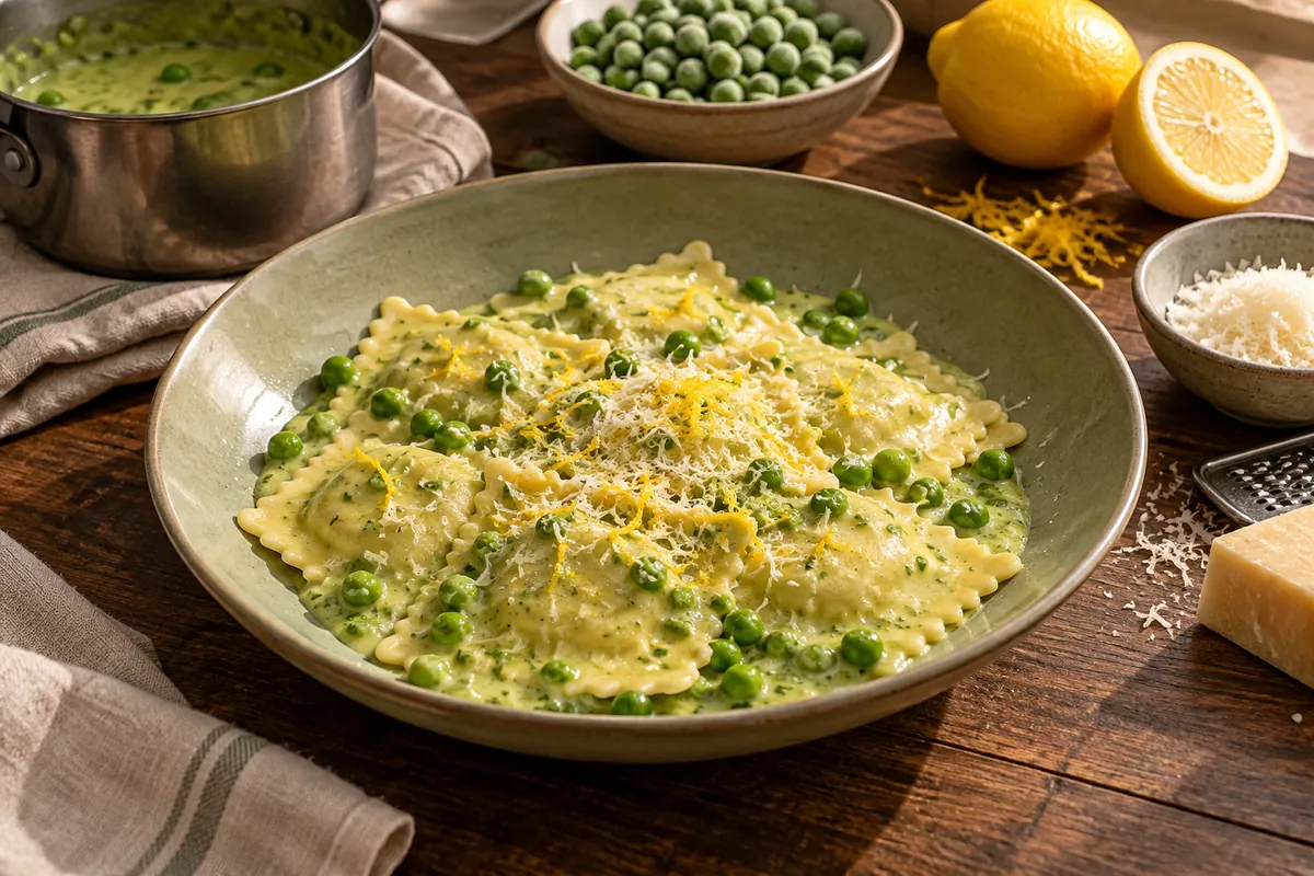 Ravioli mit Zitronen-Erbsen-Sauce