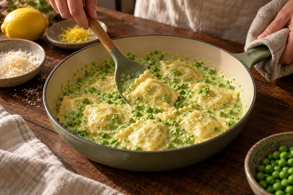 Ravioli mit Zitronen-Erbsen-Sauce: Teigtaschen vorsichtig wenden