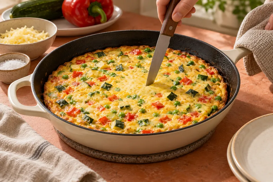 Gemüse-Frittata: feste Mitte prüfen