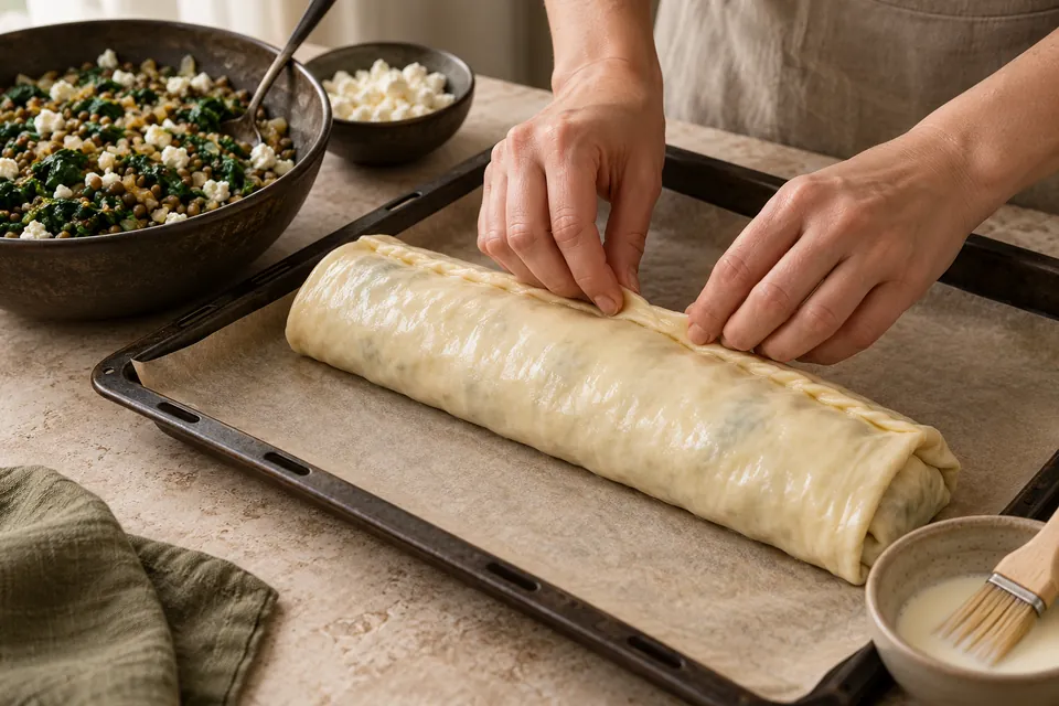 Linsen-Spinat-Strudel: Naht verschließen