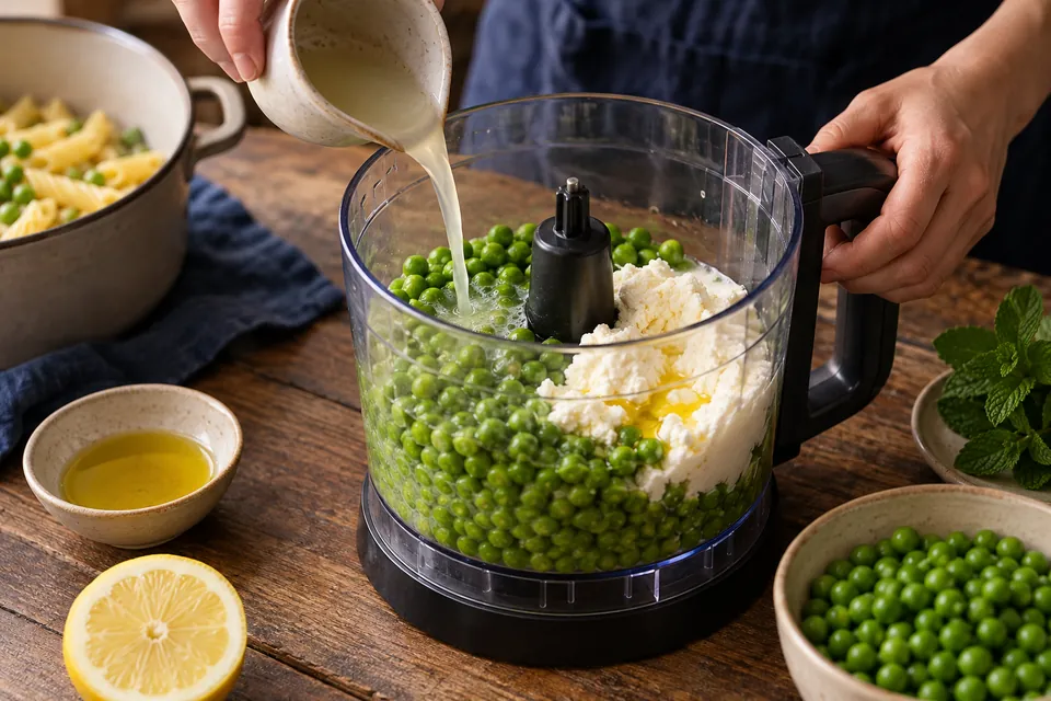 Erbsen-Minz-Pasta: Erbsen mixen