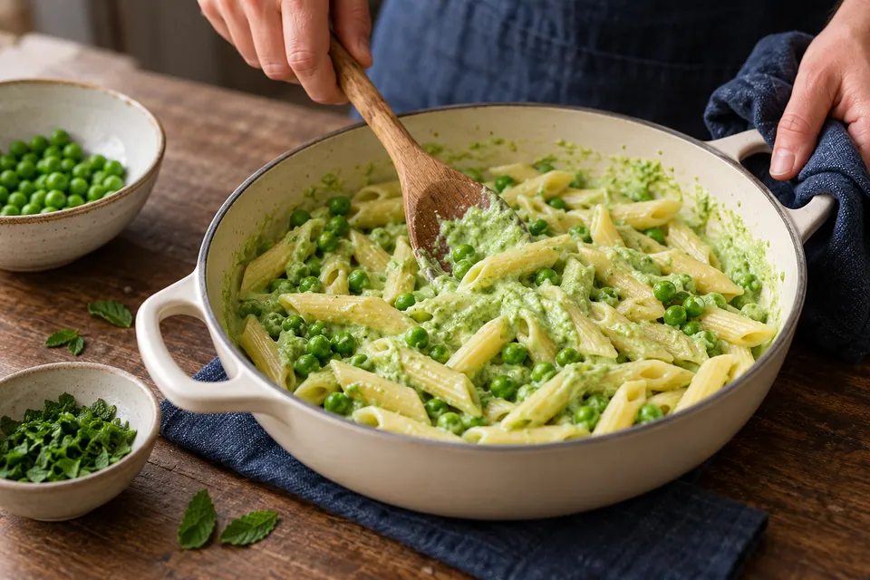 Erbsen-Minz-Pasta: Sauce verbinden