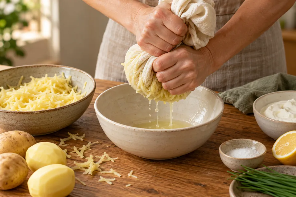 Kartoffelrösti mit Kräuterdip: Wasser ausdrücken