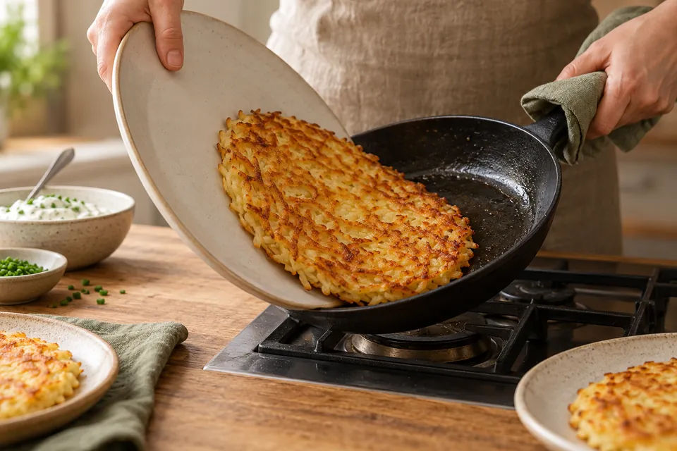 Kartoffelrösti mit Kräuterdip: Rösti mit Teller wenden
