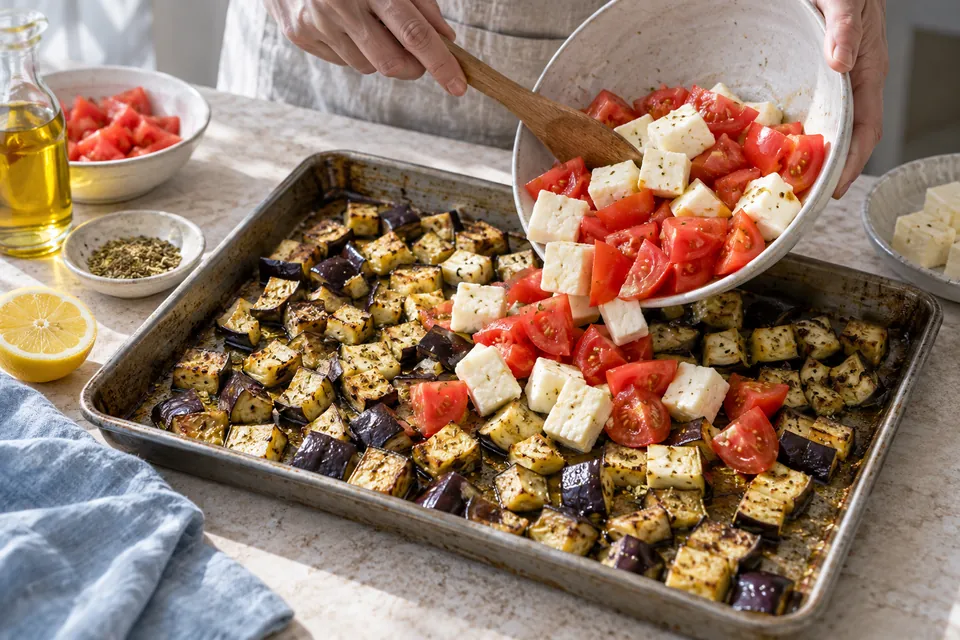 Ofenaubergine mit Halloumi: Käse später zugeben