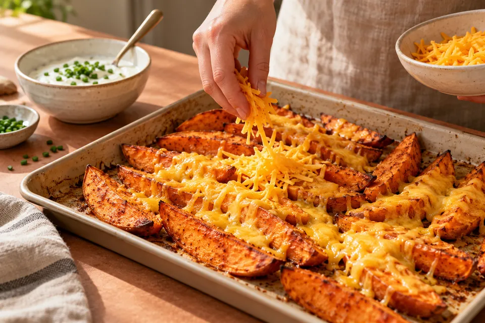 Überbackene Süßkartoffelspalten: Käse schmelzen