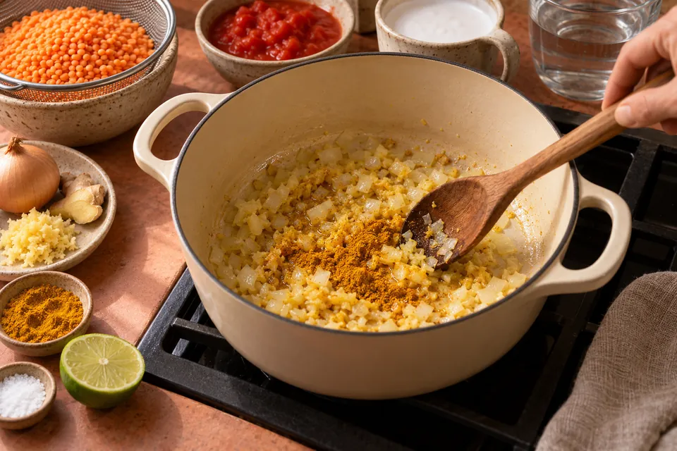 Rotes Linsen-Dal: Gewürze anrösten