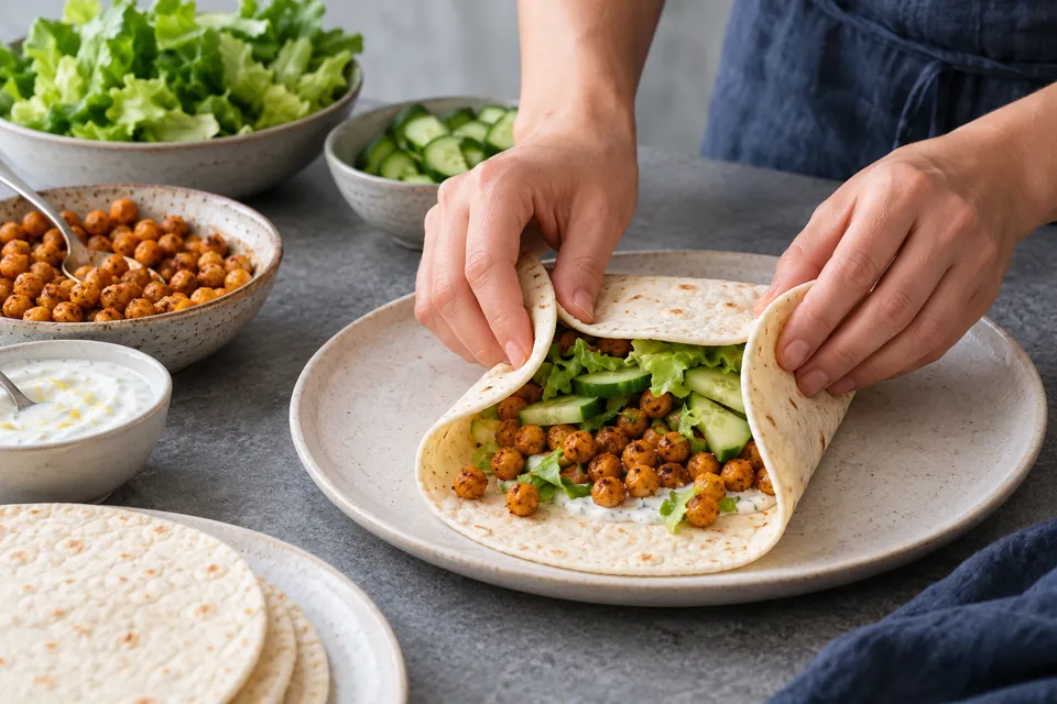 Knuspriger Kichererbsen-Wrap: Wickeltechnik