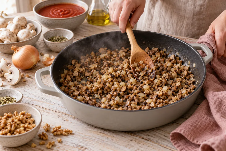 Pilz-Walnuss-Bolognese: Pilze bräunen