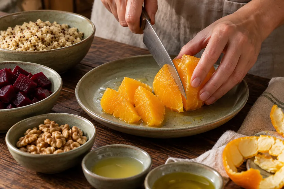 Quinoa mit Roter Bete und Orange: Orange schneiden