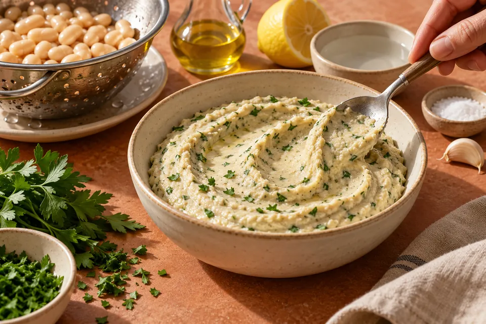Weiße-Bohnen-Dip mit Kräutern: cremige Löffelspur