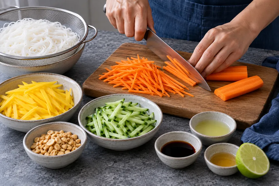 Reisnudelsalat mit Mango: feine Stifte