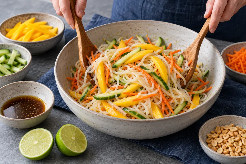 Reisnudelsalat mit Mango: Dressing untermischen