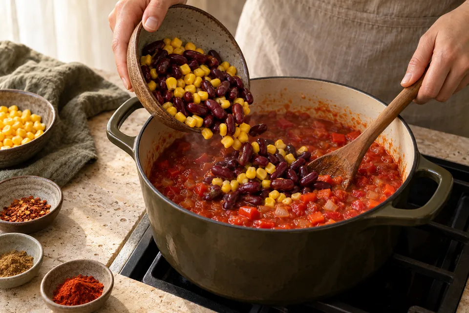 Chili sin Carne: Bohnen einrühren