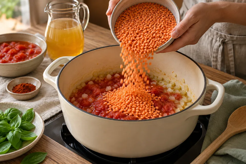 Tomaten-Linsen-Suppe: Linsen zugeben
