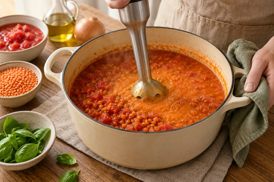 Tomaten-Linsen-Suppe: Teilpürieren