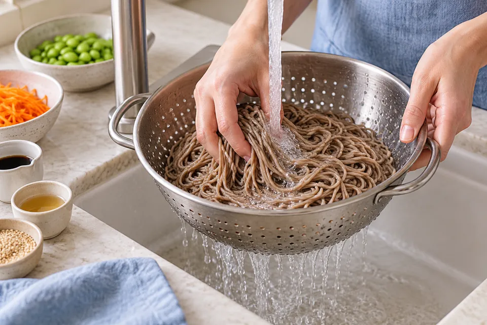 Soba mit Edamame: Soba spülen