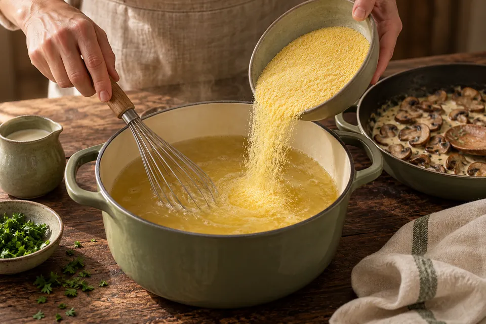 Pilzragout mit Polenta: Polenta einrieseln