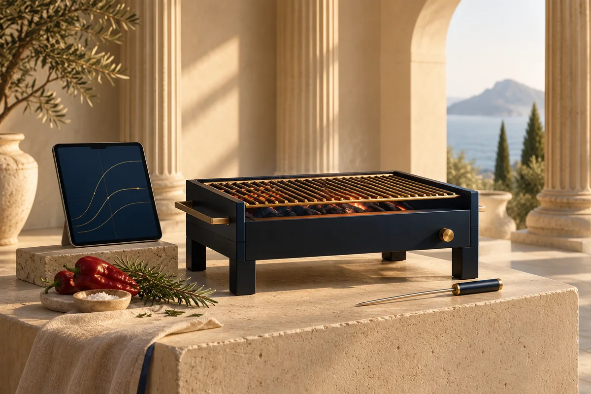 Marineblauer Grill, Temperaturfühler und Tablet in einem griechischen Innenhof · KI-Illustration