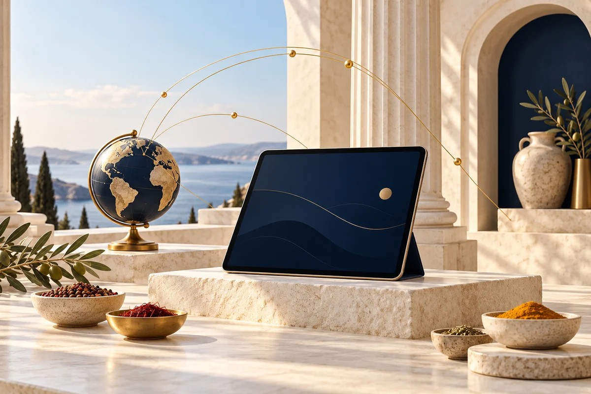 Weltkugel, Gewürze und navyfarbenes Tablet vor heller Architektur mit goldenen Verbindungen · KI-Illustration