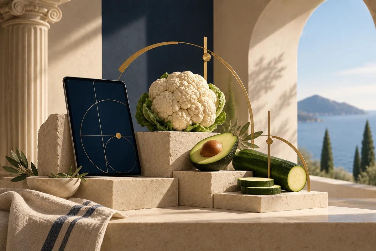 Blumenkohl, Avocado und Zucchini auf Steinsockeln mit goldenen Messbögen und Tablet · KI-Illustration