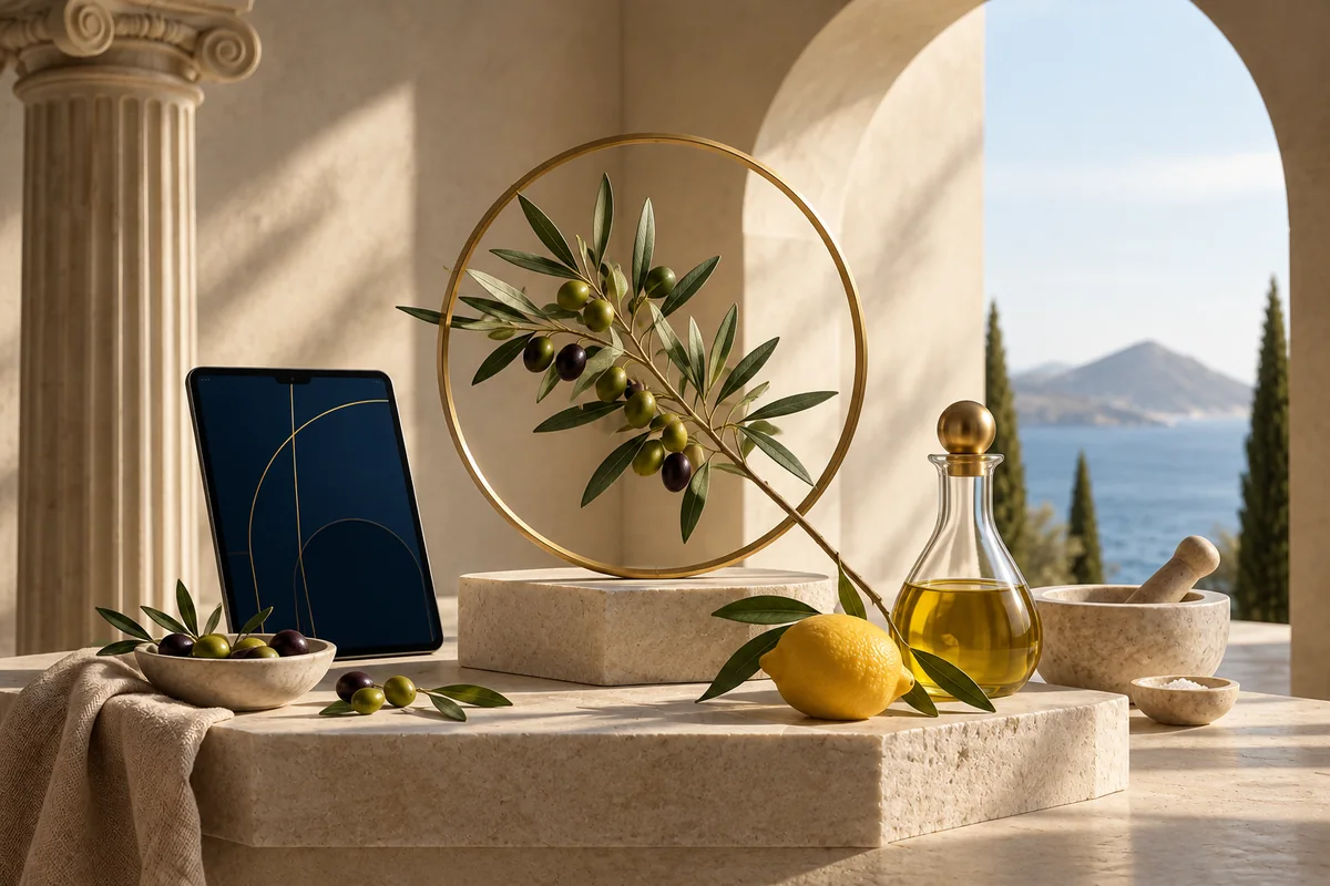 Olivenzweig, Zitrone und Olivenöl vor griechischer Architektur mit navyfarbenem Tablet und goldenen Linien · KI-Illustration
