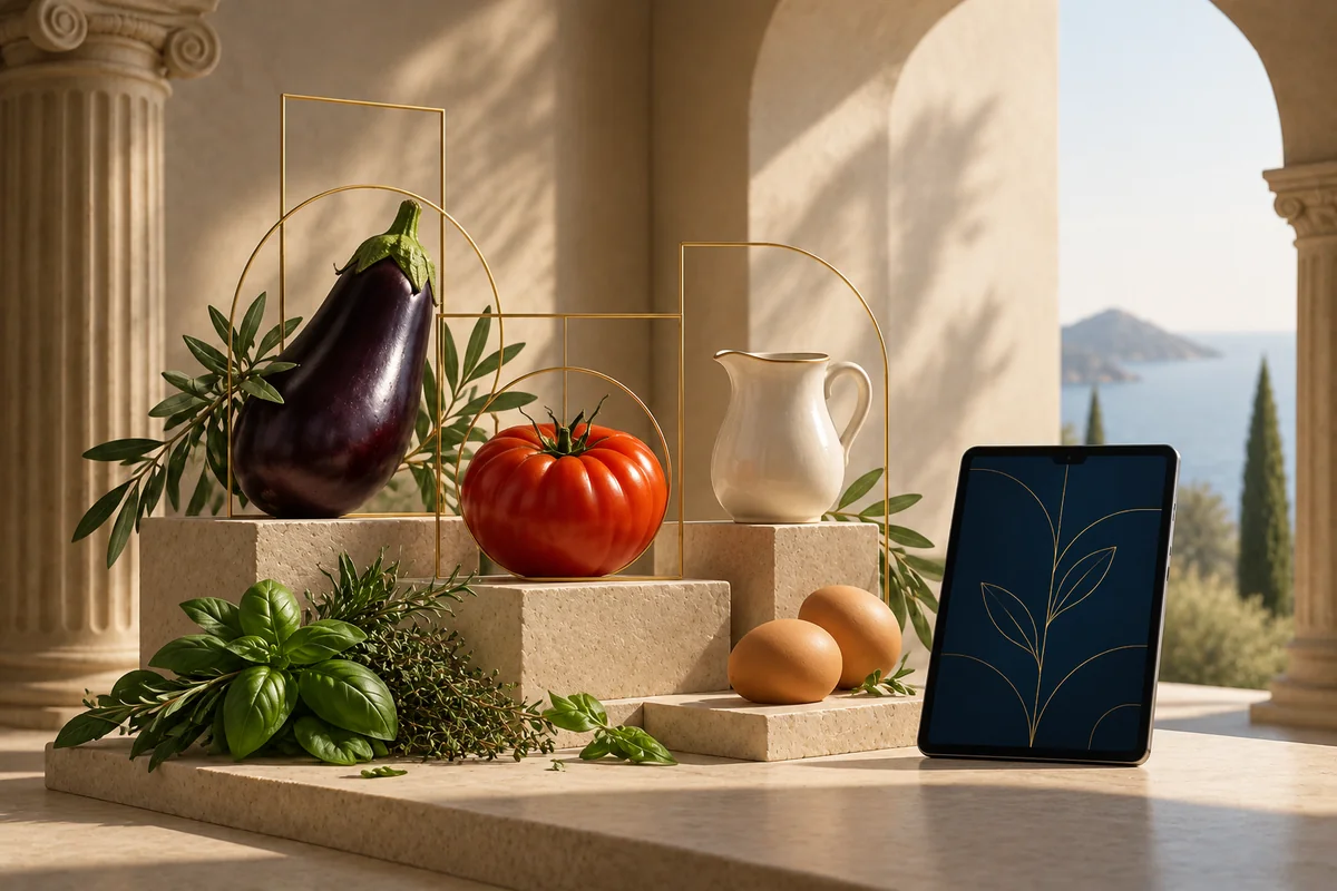 Aubergine, Tomate, Eier und Milchkrug auf Steinsockeln mit goldenen Rahmen und Tablet · KI-Illustration